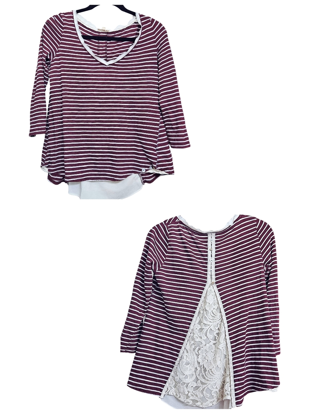 Meadow Rue Anthropologie Cassia Striped Lace Back 3/4 Sleeve Top Size Small